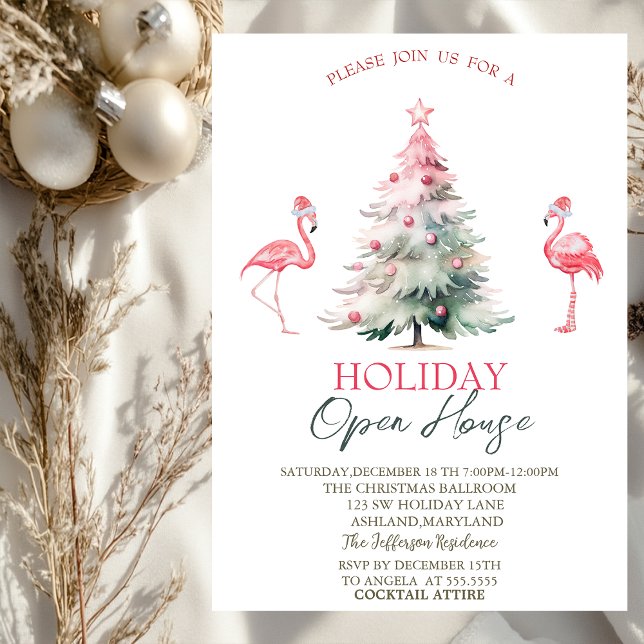 Invitation Pink Flamingos Pine Tree Holiday Open House  (Créateur téléchargé)