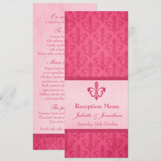 Invitation Pink Fleur De Lis menu du dîner de réception (Devant / Derrière)