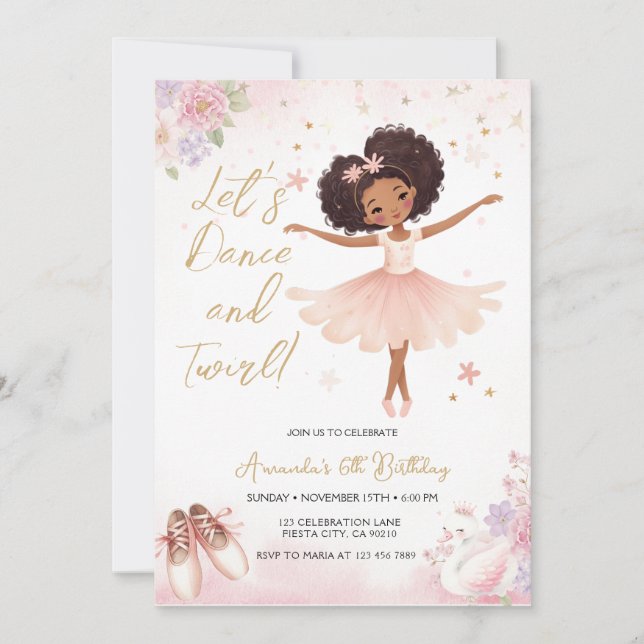 Invitation Pink Floral African America Ballerina Birthday (Devant)