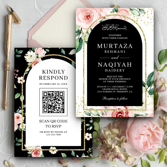 Invitation Pink Floral Arch noir QR Code Mariage musulman (Créateur téléchargé)