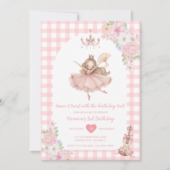 Invitation Pink Floral Ballerina Dance and Twirl Birthday (Devant)