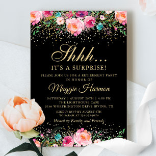 Invitation Pink Floral Black Gold Surprise Retraite Party