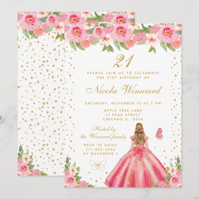 Invitation Pink Floral Blonde Hair Princess Birthday Party (Devant / Derrière)