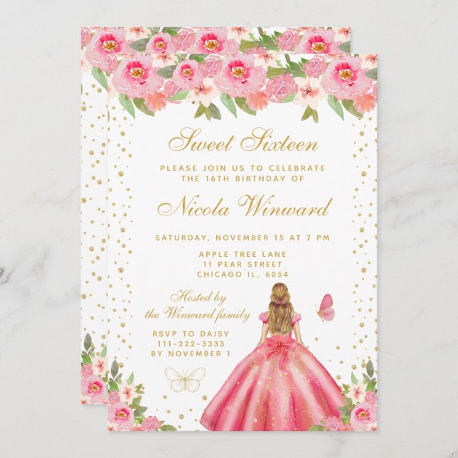 Invitation Pink Floral Blonde Hair Princess Sweet Sixteen (Devant / Derrière)