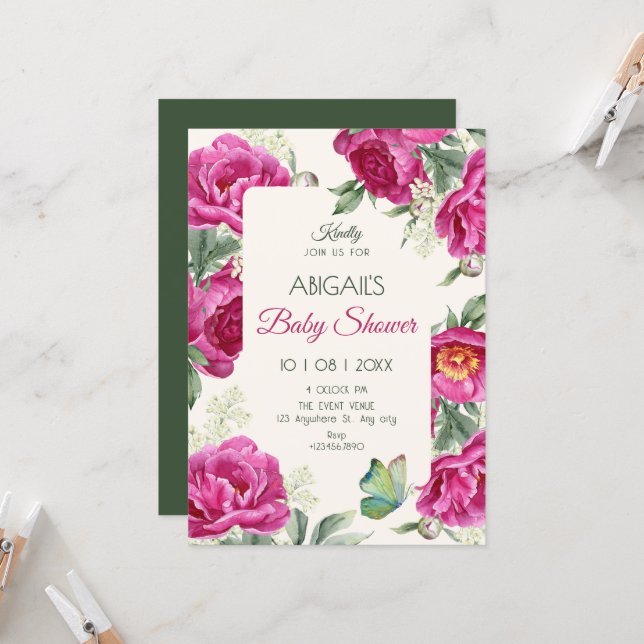 Invitation Pink floral bloom baby shower (Devant/Arrière en situation)