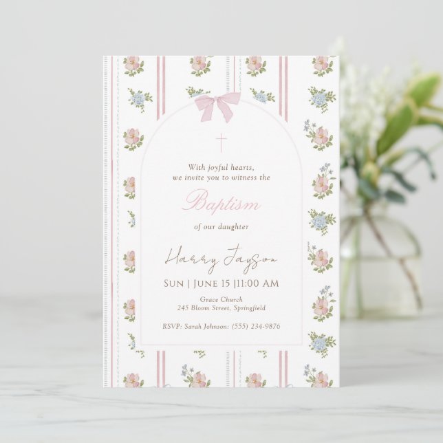Invitation Pink Floral Bow Elegant Christian Girl Baptism (Debout devant)