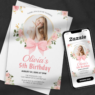 Invitation Pink Floral Bow Photo Girl Anniversaire