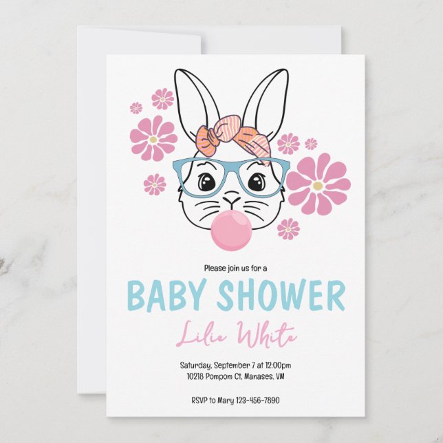 Invitation Pink Floral Bunny Girl Baby shower personnalisé (Devant)