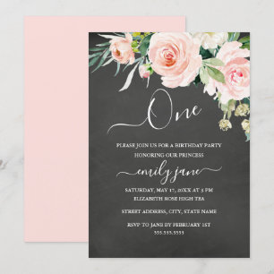 Invitation Pink Floral Chalkboard Premier anniversaire