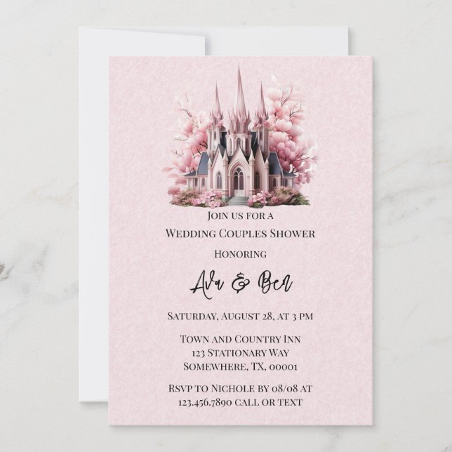 Invitation Pink Floral Church Peint Mariage Couples Douche (Devant)
