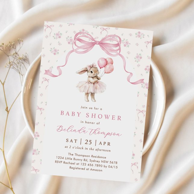 Invitation Pink Floral Coquette Bow Bunny Baby Shower (Créateur téléchargé)
