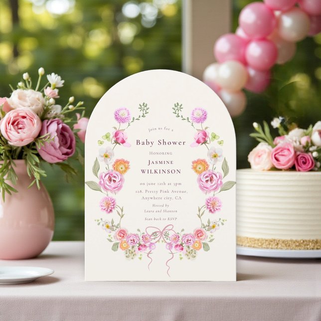 Invitation Pink Floral coquette Wreath Baby Shower QR Invite (Créateur téléchargé)