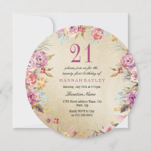 Invitation Pink Floral Country Gold 21e fête d'anniversaire