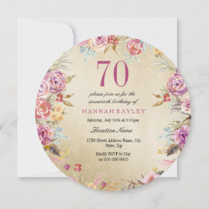 Invitation Pink Floral Country Gold 70e fête d'anniversaire