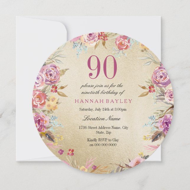 Invitation Pink Floral Country Gold 90e fête d'anniversaire (Devant)
