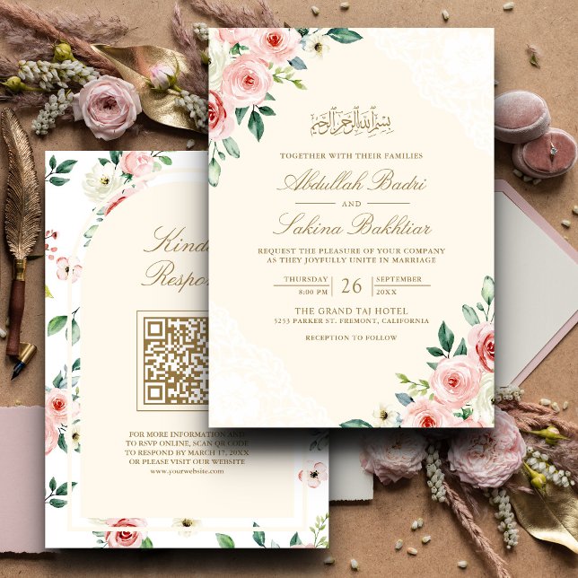 Invitation Pink Floral Cream Lace QR Code Musulman Mariage (Créateur téléchargé)