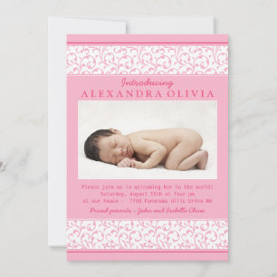Invitation Pink Floral Damask Photo Sip N Voir Baby shower