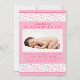 Invitation Pink Floral Damask Photo Sip N Voir Baby shower