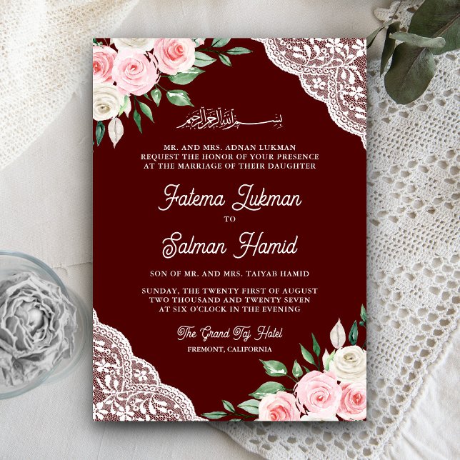 Invitation Pink Floral dentelle Bourgogne QR Code Mariage mus (Créateur téléchargé)