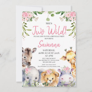 Invitation Pink Floral Deux animaux sauvages Safari 2e annive