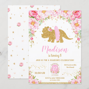 Invitation Pink Floral Dinosaur Tricératops Fille d'anniversa