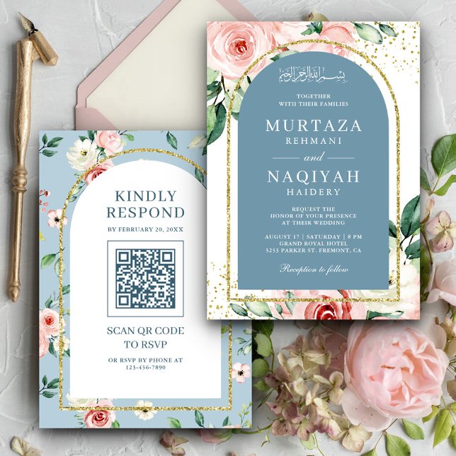 Invitation Pink Floral Dusty Blue Arch QR Code Mariage musulm (Créateur téléchargé)
