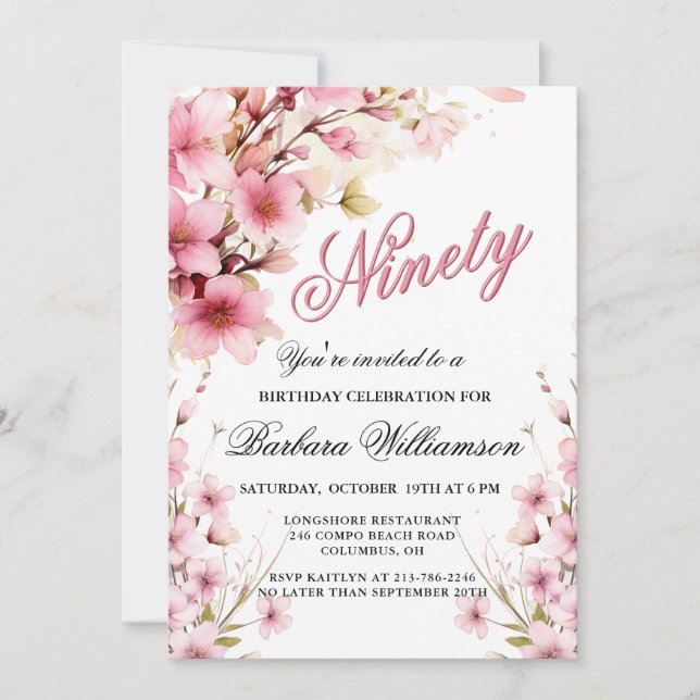 Invitation Pink Floral Elegance 90e fête d'anniversaire (Devant)