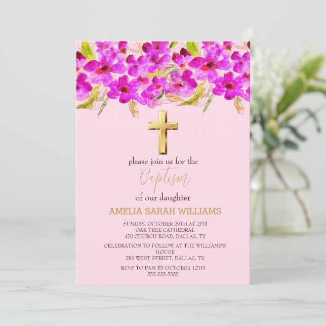 Invitation Pink Floral Elegant Gold Cross Baby Girl Baptism (Debout devant)