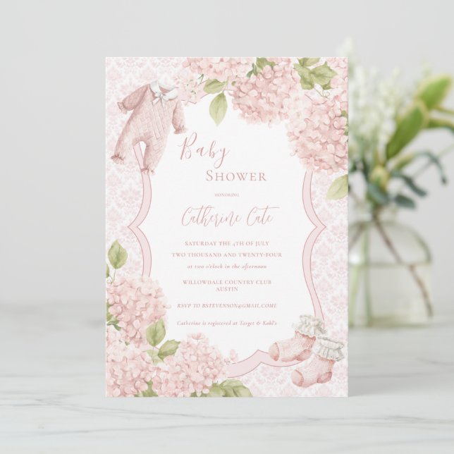 Invitation Pink Floral Elegant Hydrangea Vintage Baby (Debout devant)