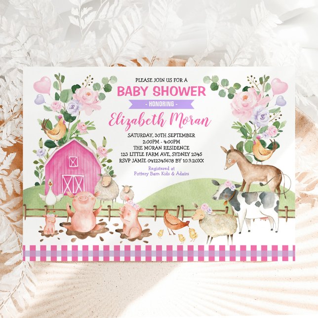Invitation Pink Floral Farm Barnyard Animaux Fille Baby showe (Créateur téléchargé)