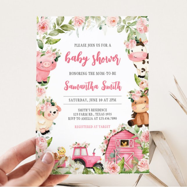 Invitation Pink Floral Farm Barnyard Baby shower (Floral Pink Barnyard Baby Shower Invitation)