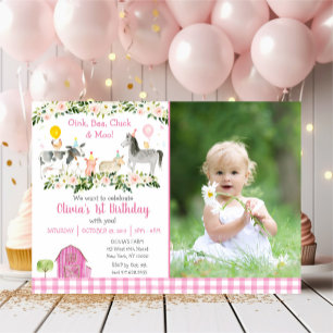 Invitation Pink Floral ferme animal 1er anniversaire