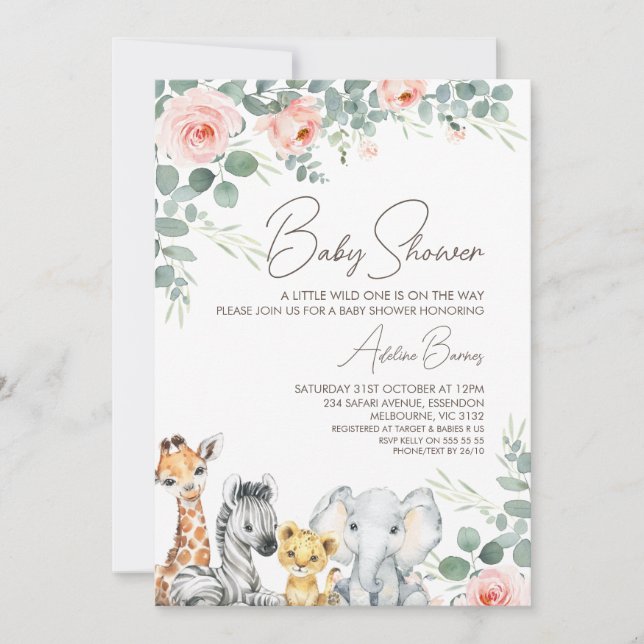 Invitation Pink Floral Foliage Safari Wild Un Baby shower (Devant)