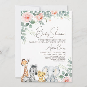 Invitation Pink Floral Foliage Safari Wild Un Baby shower