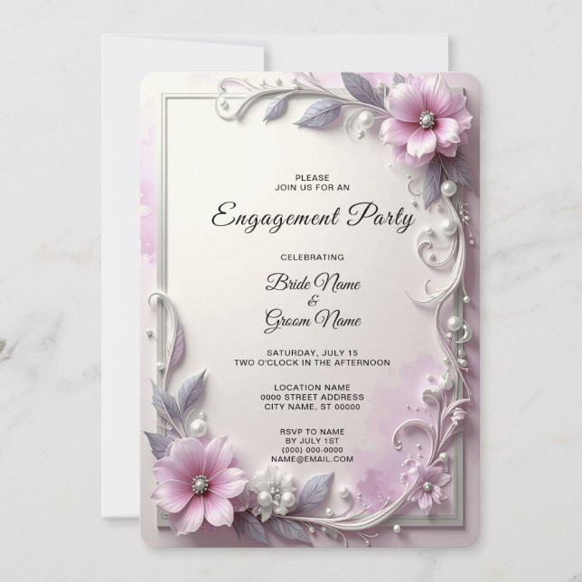 Invitation Pink Floral Frame Engagement (Devant)