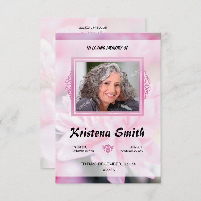 Invitation Pink Floral Funeral Program Card Template (Devant / Derrière)