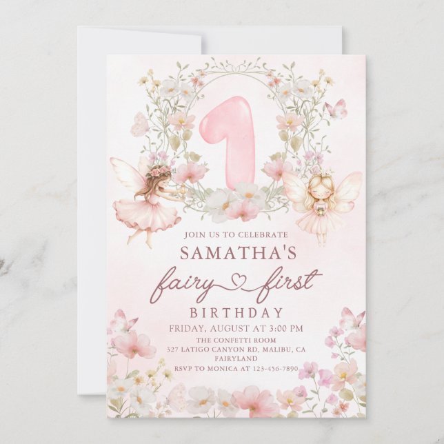 Invitation Pink Floral Garden Fairy First Birthday (Devant)