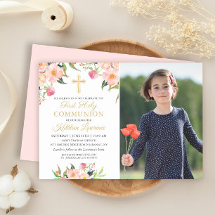 Invitation Pink Floral Girl First Holy Communion Photo Invita