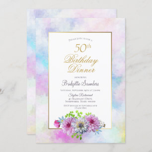 Invitation Pink Floral Gold Bordure 50e anniversaire Dîner