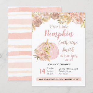 Invitation Pink Floral Gold Citrouille 1er anniversaire
