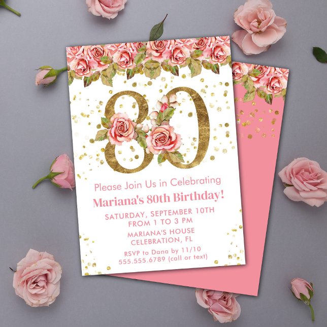 Invitation Pink Floral Gold Parties scintillant 80e fête d'an (Créateur téléchargé)
