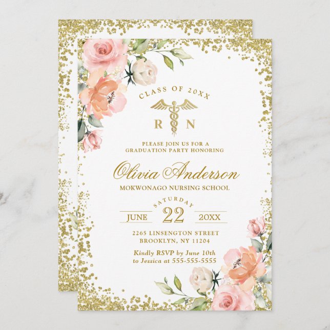 Invitation Pink Floral Gold Parties scintillant Infirmière di (Devant / Derrière)