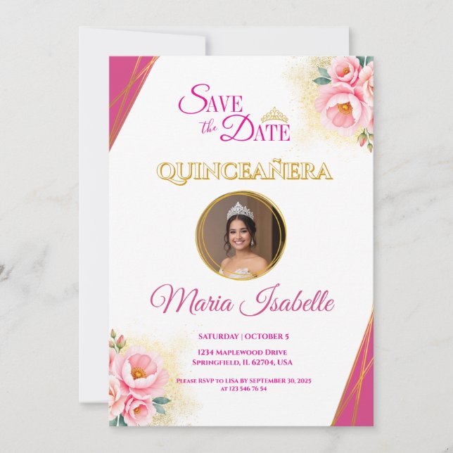 Invitation Pink Floral & Gold Quinceañera Enregistrer la cart (Devant)