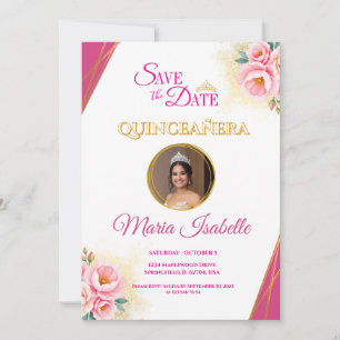 Invitation Pink Floral & Gold Quinceañera Enregistrer la cart