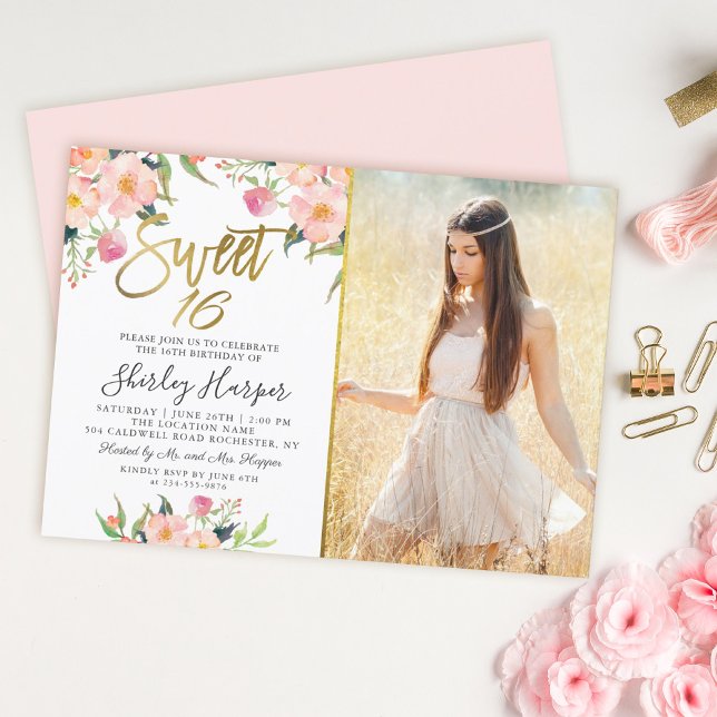 Invitation Pink Floral Gold Script Sweet 16 Anniversaire Phot (Créateur téléchargé)