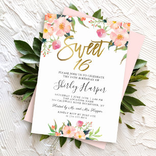 Invitation Pink Floral Gold Script Sweet sixteen 16 Anniversa