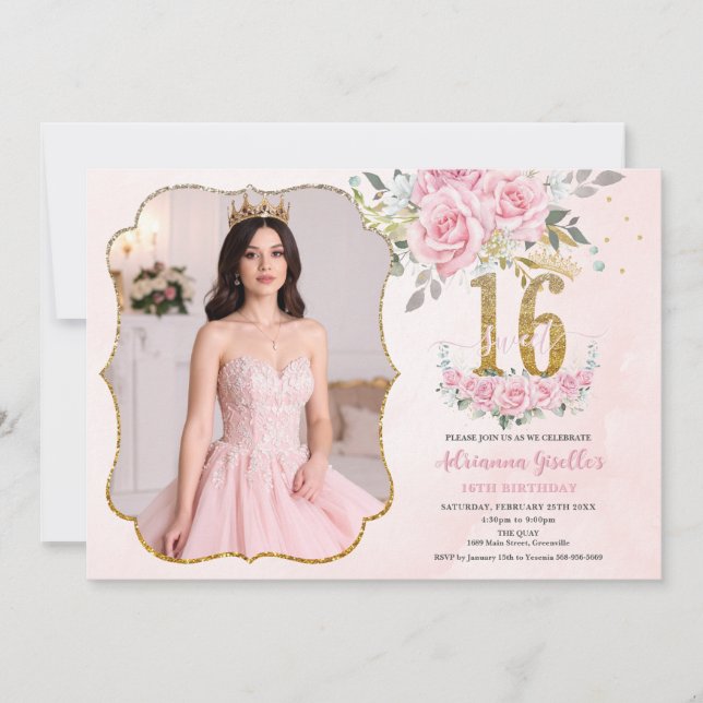 Invitation Pink Floral Gold Sweet Sixteen 16th Birthday Photo (Devant)