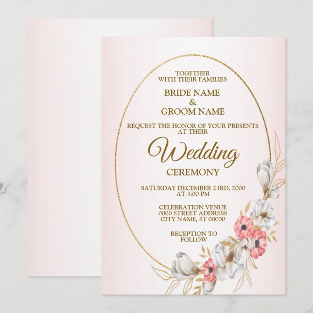 Invitation Pink Floral Golden Geometric Peach Wedding (Devant / Derrière)