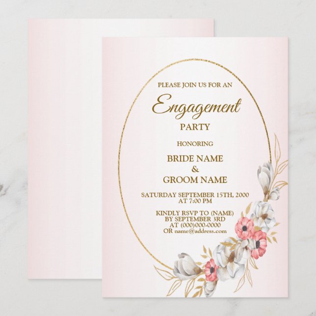 Invitation Pink Floral Golden Peach Modern Engagement Party (Devant / Derrière)