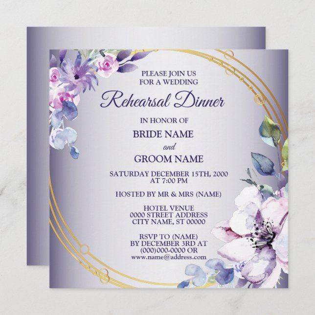 Invitation Pink Floral Golden Purple Wedding Rehearsal Dinner (Devant / Derrière)